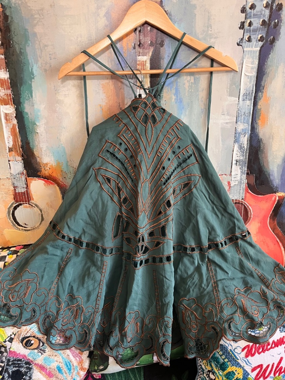FREE PEOPLE BALI Copper Embroidered EMERALD DRESS SZ S P
